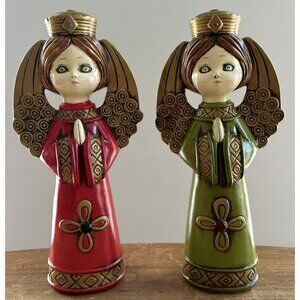 Pair of Vintage Ardco Paper Mache Angel Figurines Red Green MCM Made in Japan